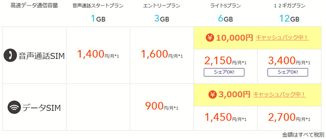 BIGLOBE SIMの料金表