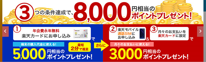 楽天カードの新規入会で8,000円分のキャッシュバック