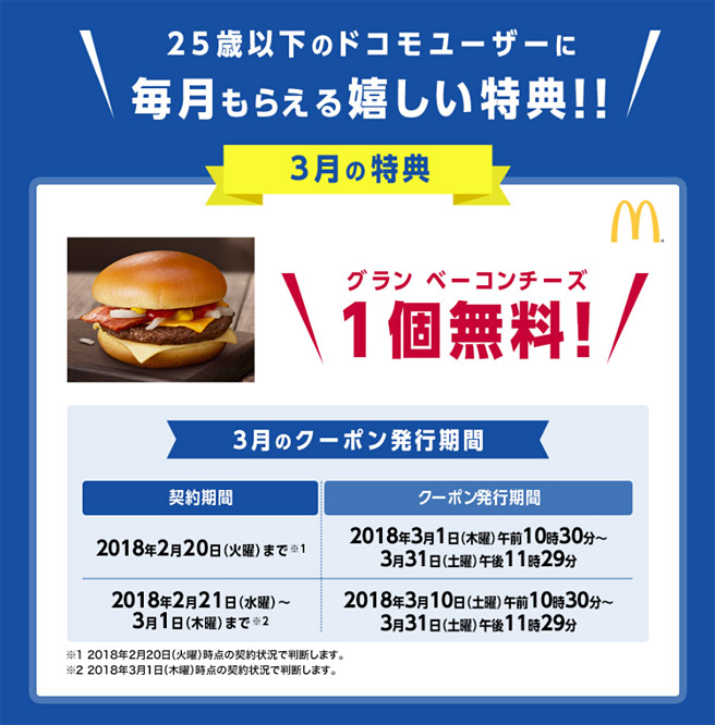 3月の特典は、マクドナルドの「グラン ベーコンチーズ（390円相当）」が1個無料