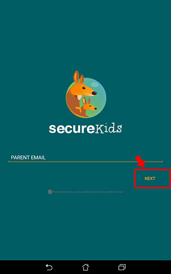 「SecureKids」にアカウント登録するための親のメールアドレスを入力