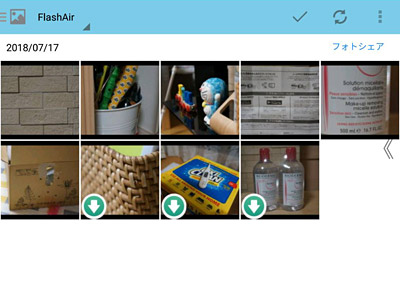 例えば「写真／動画」をタップすれば、FlashAirの中に保存されている写真や動画の一覧が表示されます