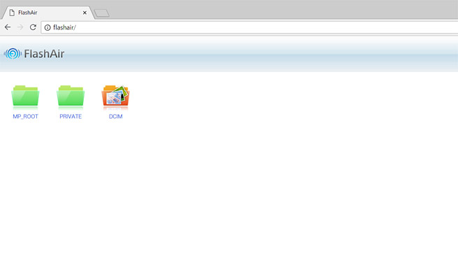 FlashAirに接続されたら、インターネットを閲覧するソフトを起動します。例えばInternetExplorerやGoogle Chrome、Microsoft Edgeなどになります。すると自動的に「http://flashair/」が開き、FlashAirの中身のフォルダが表示