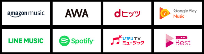 対象のミュージックサービスは2019年2月現在、「amazon music」「AWA」「dヒッツ」「Google Play Music」「LINE Music」「Spotify」「ひかりTV ミュージック」「レコチョクBest」