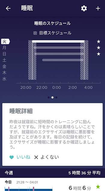 1週間の睡眠スケジュールや、睡眠についてのアドバイスを確認することもできます。