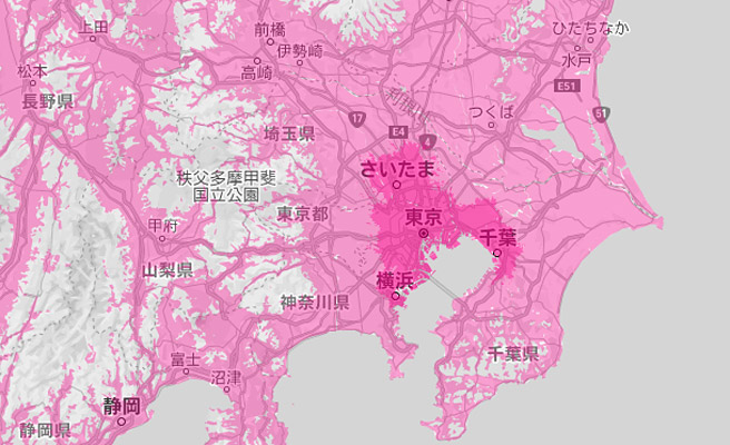 楽天回線エリアは濃いピンクで表示されているのですが、この地図ではほとんど分かりませんね（＾＾；　ということで、関東エリアを拡大してみましょう。