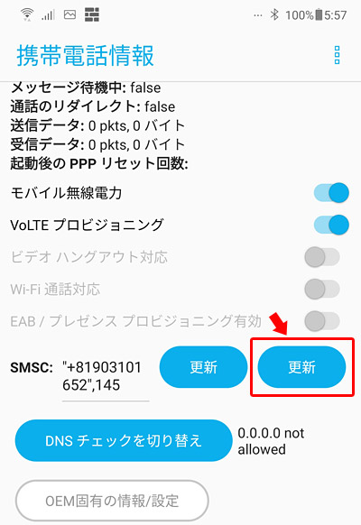 すると携帯電話の色々な情報が表示されますので、下の方にスクロールをし「SMSC」という項目を探します。見つけたら右側のボタン「更新（Reflesh）」というボタンをタップすると「+81903101652 または "+81903101652",145」と入力されれば完了です。