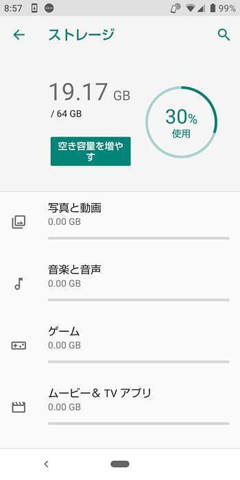 「AQUOS sense3 lite」の起動直後のストレージの使用容量は19,17GBになります。合計で64GBなので、44.83GBが空いていることになります。