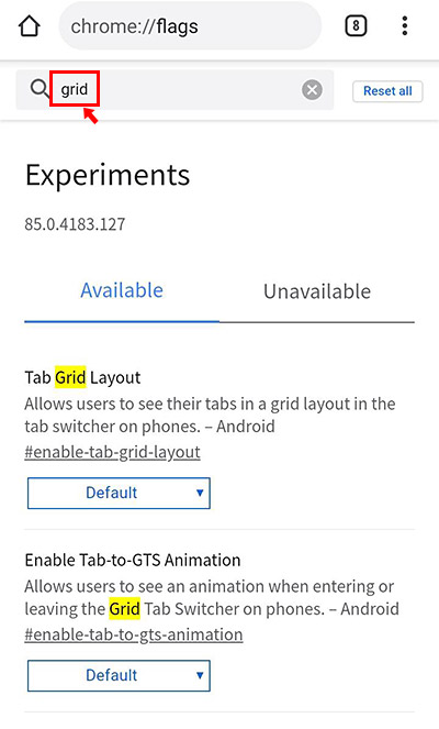 試験運用版の機能「Experiments」が開きますので、「Search flags」と書かれているボックスに「grid」と入力をして実行をします。