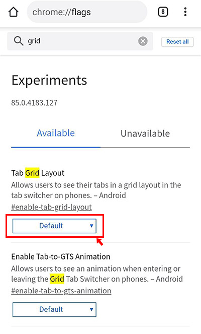 項目が絞り込まれて「Tab Grid Layout」の項目が表示されているかと思います。「Default」と書かれているボタンをタップします。