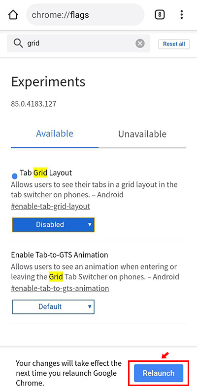 すると「Tab Grid Layout」の項目が「Disabled」に変更され、画面の下の方に「Your Changes will take effect the next time you relaunch Google Chrome」と表示されますので「Relaunch」をタップします。