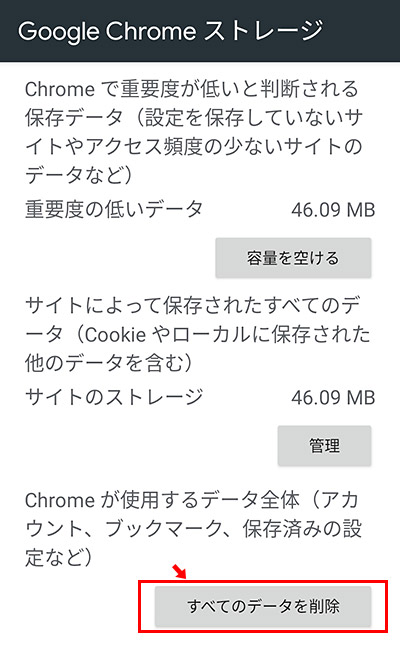 最後に「すべてのデータを削除」をタップして、Chromeのデータをすべて削除します。