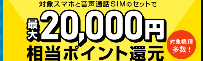 BIGLOBE モバイルでは、対象のスマホと音声通話SIMのセットで契約することで、最大20,000円相当のGポイントが還元されます。