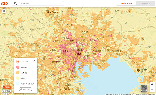 以下の地図は、auのエリアマップになります。黄色が4G、オレンジ色が5G NR化、赤色が5G sub6のエリアになります。